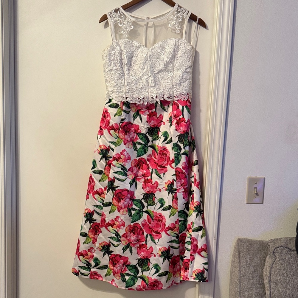 Floral Lace Dress with Pink and Green Accents